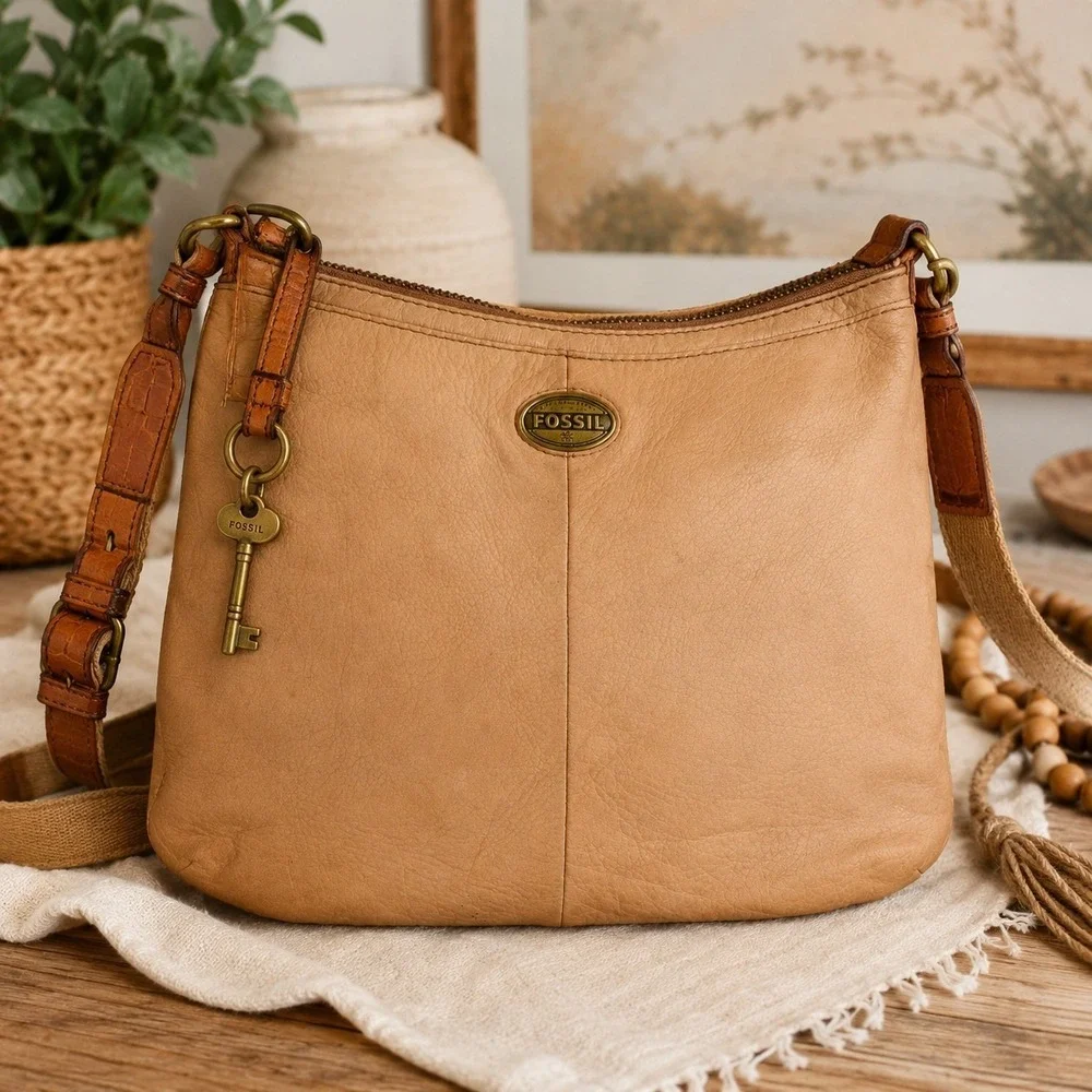 Fossil Tan Leather Crossbody Shoulder Bag Canvas Strap Key Charm Mul